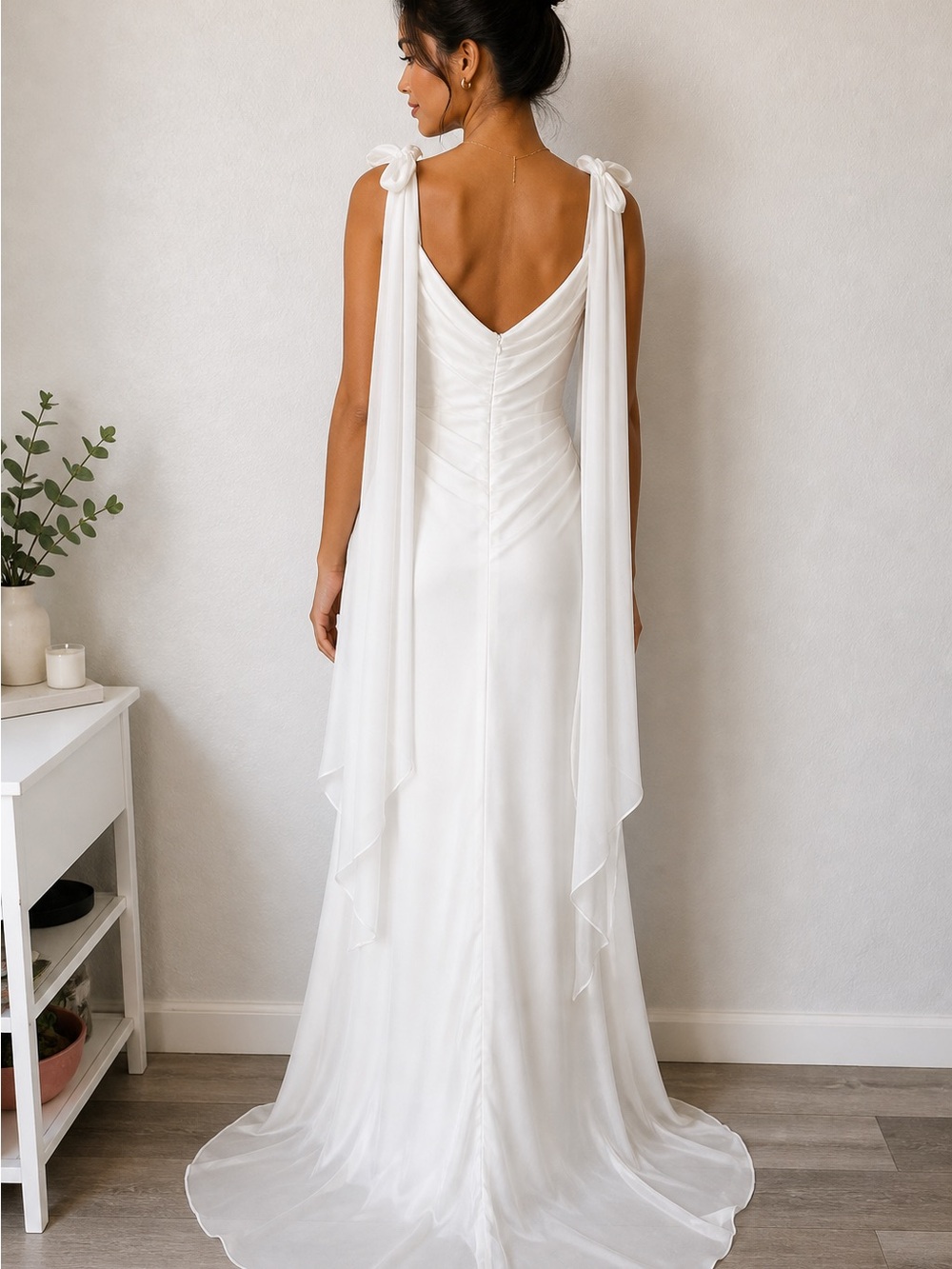 White Tie-Shoulder Cowl-Neck Bridal Gown - Picture 2 of 4